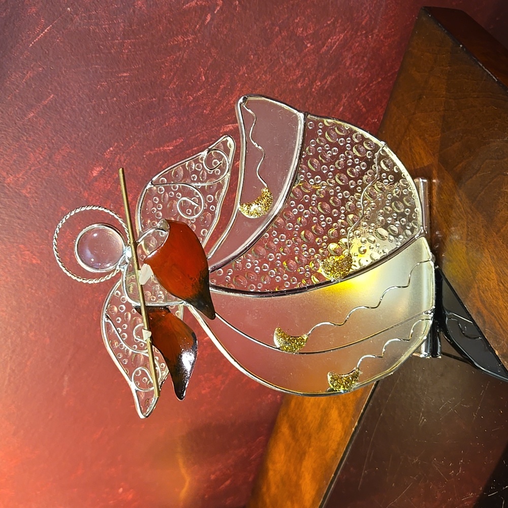 INTERNATIONAL SILVER STAINED GLASS BUBBLE FLUTE ANGEL VOTIVE HOLDER